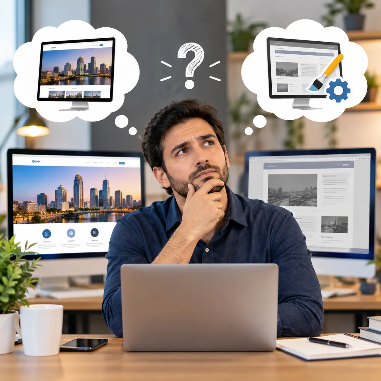 Business owner assessing a website redesign on multiple screens for Website Design Services Melbourne.